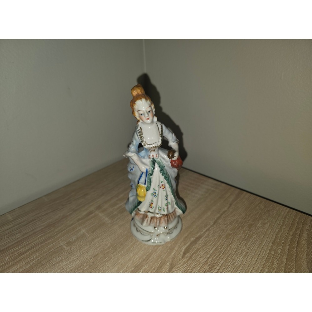 Vintage Made in Occupied Japan Porcelain Victorian Lady Figurine Blue Gold Gilt